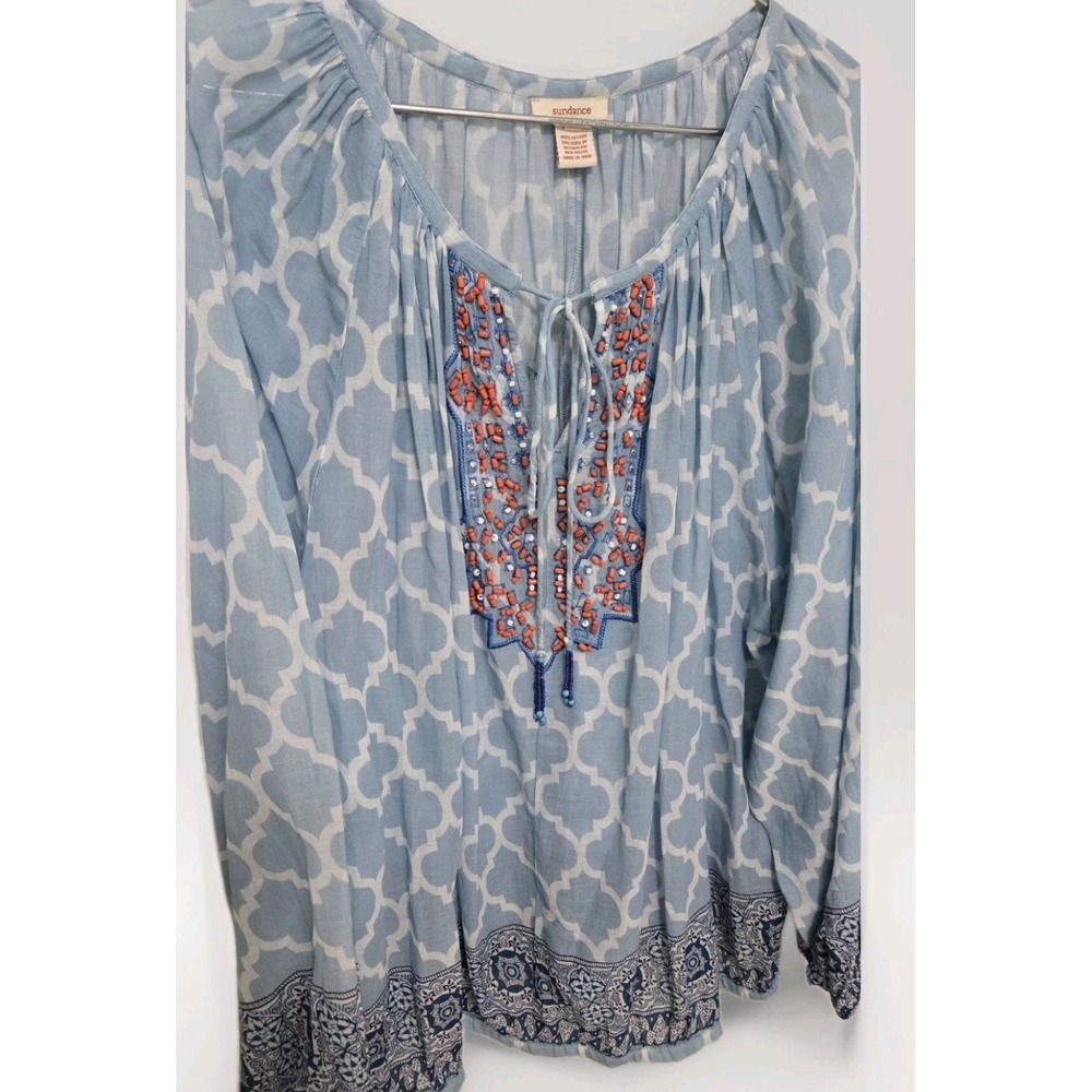 Sundance Blue White Printed Boho Tunic with Embroidered Yoke